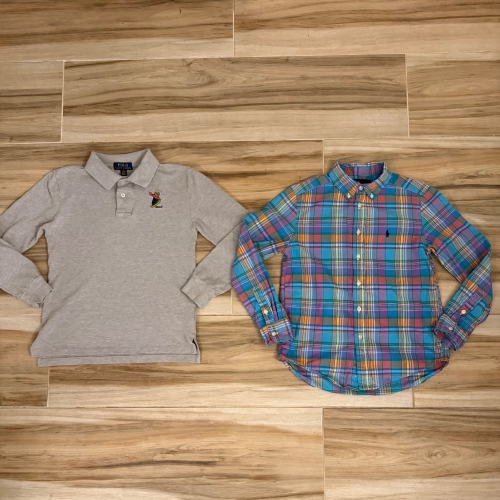Polo Ralph Lauren Boys 2pc Bundle Surfing Bear & Plaid Shirts Size M 10-12